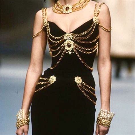 90s chanel black dress with chains|Chanel 90s fashion.